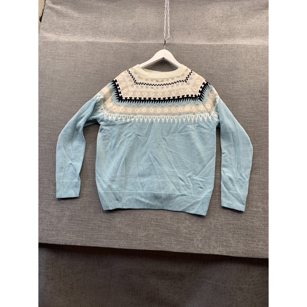 Women Sweater Large Multicolor Fair Isle Round Neck Raglan Sleeve Tight Knit Rib